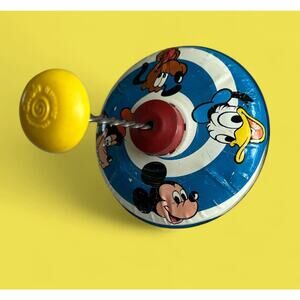 Vintage Tin 1973 J. Chein Disney Push Down Spinning Top Mickey Mouse Donald Duck